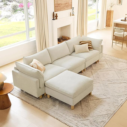 CHITA 127" Super Large Sectional Couches for Living Room, Modular Cloud Couch Sectional Sofa, Premium Fabric Couches, Down Filled, High Density Foam, Chenille in Cream, 4 Seat L Shaped