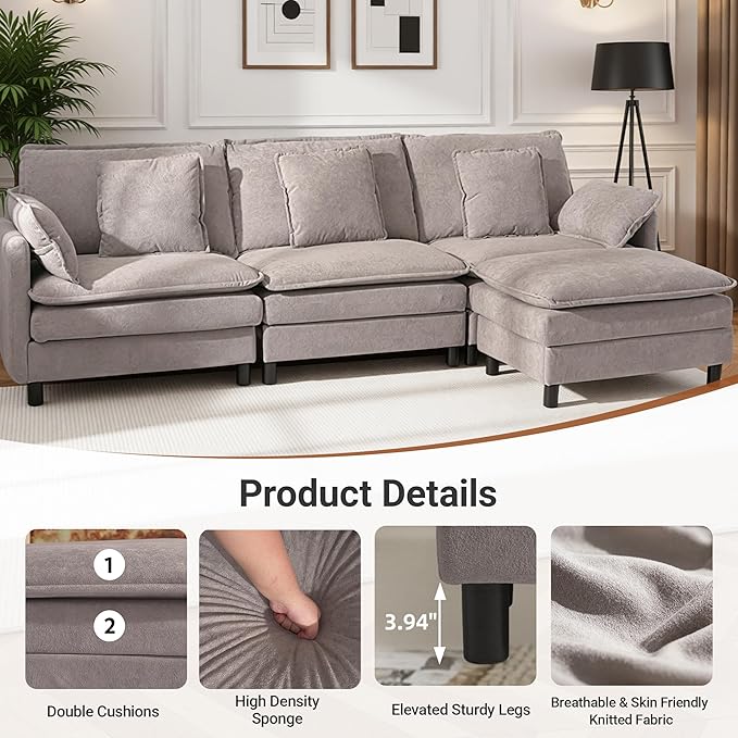 Claiks 110" Modular Sectional Sofa, Cloud Couch with Ottoman, L-Shaped 4-Seater Sofa in Chenille Fabric, Deep Seat Comfy Couch with Pillows for Living Room & Offices, Light Gray