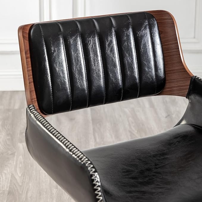LUNLING Swivel Accent Faux Leather Dining Chairs, Mid Century Modern Chairs with Wooden Legs/Armrest/Upholstered Seat/Adjustable Foots for Kitchen Dining Room Desk Chairs,Black,1PCS