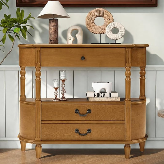 Amposei Retro Curved Entryway Console Table 43’’ Wood Half Moon Slim Entry Sofa Table with Drawers and Storage Shelf for Living Room Entrance Hallway Bedroom, Brown