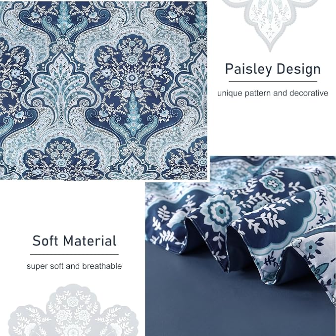 Drucon Paisley Comforter Set Queen Size, 7 Pieces Bed in a Bag Blue Boho Comforter, Soft Lightweight Microfiber Bedding Set (1 Comforter, 1 Flat Sheet, 1 Fitted Sheet, 2 Pillow Shams, 2 Pillowcases)