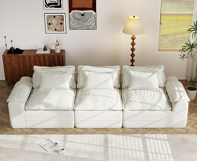 Hobestluk 120" Cloud Sectional Couch 3-Seater Sofa with Deep Seat Modular Sofa with Removable Cover Large Sofa Couch for Living Room (Beige, 3-Seater Sofa)