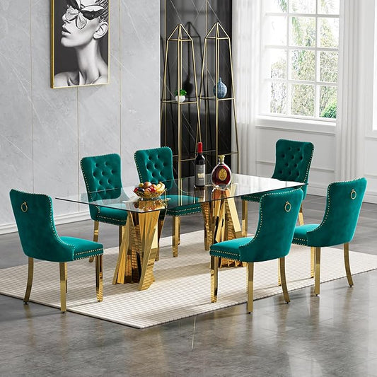 Goujxcy 70" Glass Dining Table Set for 6, Modern Gold Dining Table Set with 6 Green Velvet Upholstered Dining Chairs, 7 Piece Kitchen Dining Room Table Set with Stainless Steel Legs