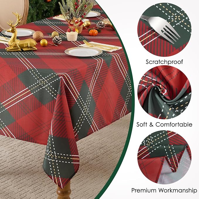 Christmas Tablecloth Rectangular 60x102 Inch Waterproof Table Cloth for 6ft, Washable Polyester Table Cover for Xmas Party, Winter Holiday Home Decoration in Festive Checkered Green 1pack