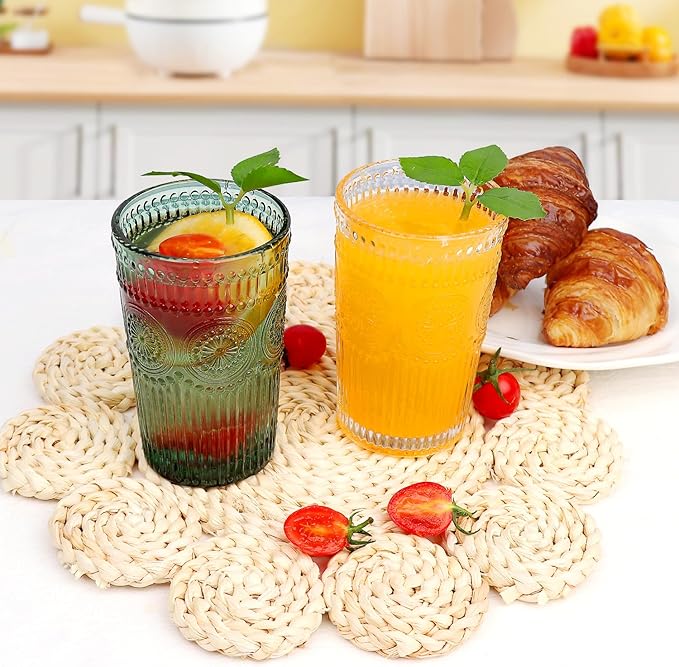6pcs Vintage Drinking Glasses Set, 12 oz Atroviens Highball Glasses, Embossed Ribbed Glassware Cups for Cocktail, Water, Juice, Coffee, Whiskey