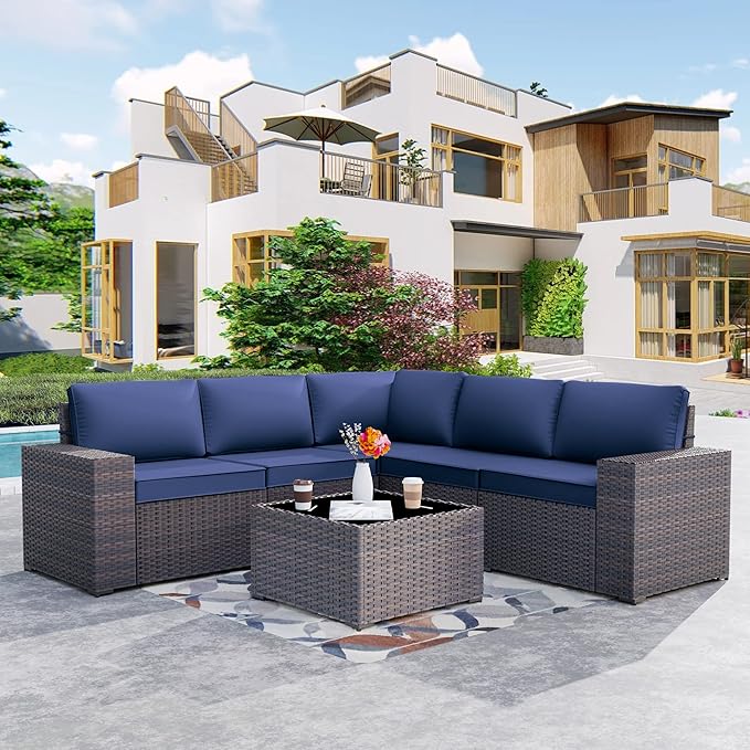Kurapika 9 Pieces Patio Furniture Set, Rattan Sofa Set, Outdoor Conversation Sets w/Swivel Rocking Chairs Patio Sectional Sofa w/4in Cushion, Navy Blue