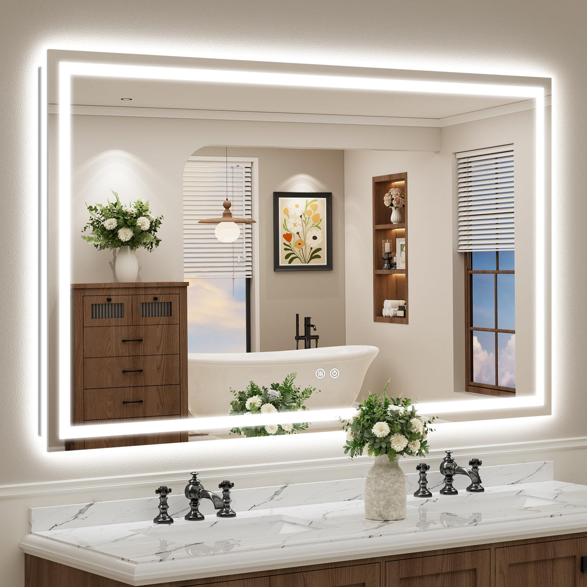VEEYLOS 66x40 Inch LED Bathroom Mirror with Lights, Backlit & Front Lit