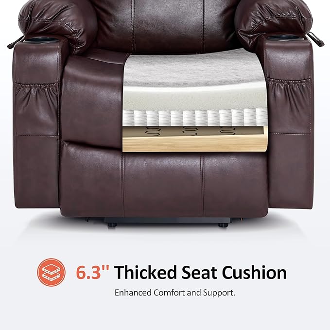 MCombo Electric Power Lift Recliner Chair Sofa with Massage and Heat for Elderly, 3 Positions, 2 Side Pockets, and Cup Holders, USB Ports, Faux Leather 7040 (Dark Brown, Medium)