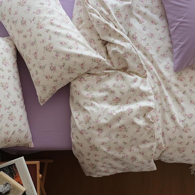EAVD Pink Purple Floral Comforter Set King Soft Microfiber Chic Shabby Garden Floral Bedding Set with 2 Pillowcases Fresh Cute Botanical Comforter Set for All-Season