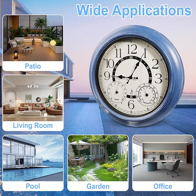18 Inch Illuminated Retro Indoor Outdoor Wall Clocks with Thermometer and Hygrometer Waterproof Metal Large Clocks with Auto Light Smart Sensor for House Warming Gifts New Home Living Room Decor