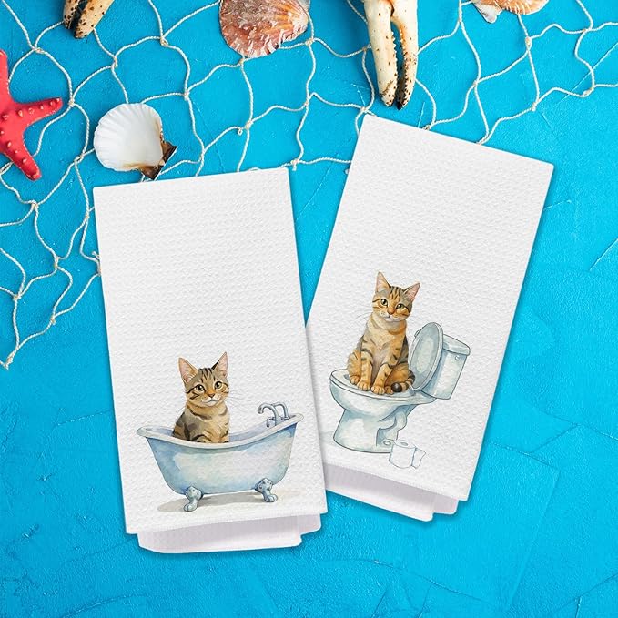 Cat Bathroom Decor Hand Towels, Funny Cats Gifts for Women, Funny Toilet Bath Kitten Decorative Hand Towels for Kids Bath Room Washroom, 16x24 Inch Set of 2