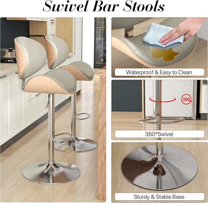 KCC Bar Stools Set of 2, Swivel Adjustable Height Barstools, PU Leather Upholstered Bar Chairs with Footrest, Bentwood Bar Stool for Kitchen, Bar, Dining Room(Grey PU)