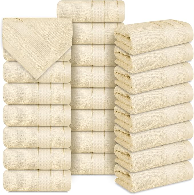 Casa Lino Face Towels & Body Wash Cloths for Showering - 100% Cotton Wash Cloths for Bathroom - Highly Absorbent & Quick Drying Washcloth Set - Cotton Washcloths 24 Pack (12" x 12") - (Linen Brown)