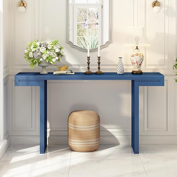 60-Inch Modern Console Table, Black MDF U-Style Design with Geometric Clean Lines, Adjustable Feet, Painted Finish for Living Room, Entryway, Hallway, 60 x 15.7 x 31.7 Inches