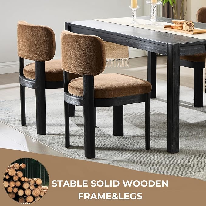 Modern Brown Upholstered Dining Chairs Set of 2 Wooden Side Chairs with Curved Backrest and Black Legs for Kitchen Island, Dining Room