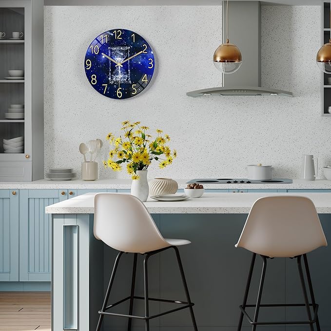 Lafocuse 12 Inch Blue Wall Clock Silent Non Ticking, Galaxy Glass Clocks Battery Operated for Living Room Bedroom Kitchen Decor, Hourglass Pattern