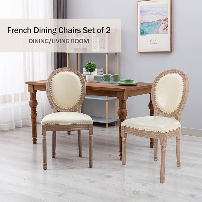 Nrizc French Country Dining Chairs Set of 6, Leather Farmhouse Dining Room Chairs with Round Back, Solid Wood Legs, Oval Side Chairs for Kitchen/Bedroom/Dining Room