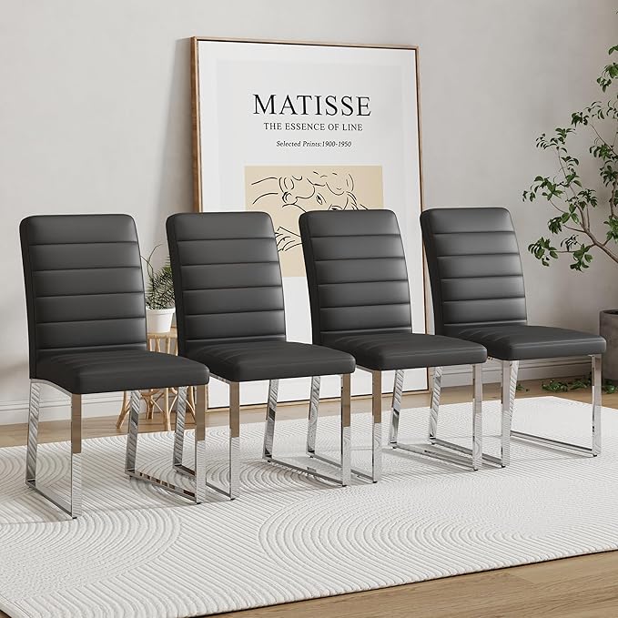 Modern Dining Chairs Set of 4, White Faux Leather Kitchen Chairs, Upholstered Armless Dining Room Chair with Gold Mental Legs Heavy Duty, Comfortable (Black Chairs, Set of 4)