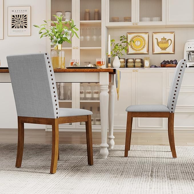 Giantex Upholstered Dining Chairs Set of 2, Kitchen Chair w/Nailhead Trim, Rubber Wood Legs, Padded Seat, Mid Century Armless Side Chair, Comfy Accent Parson Chairs for Restaurant, Living Room