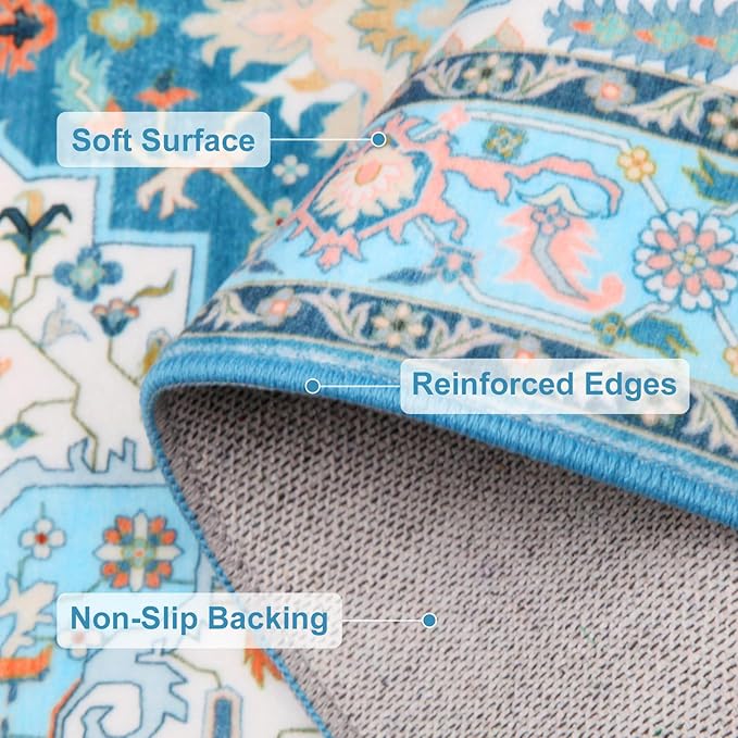 WILLSUN Washable Area Rugs, 2x3 Non-Slip Boho Small Area Rugs for Entryway, Kitchen, Bathroom, Machine Washable Vintage Rug, Indoor Floral Print Carpet for Home Decor, Kid & Pet Friendly Mat
