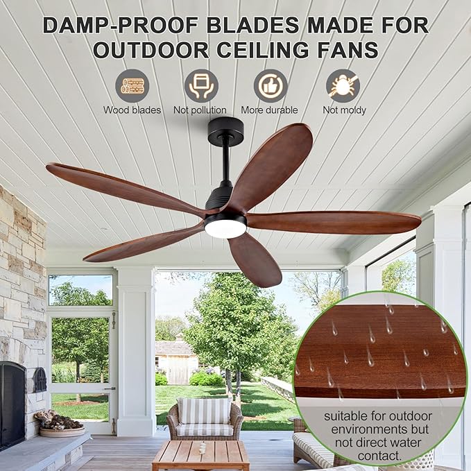 60 Inch Wood Ceiling Fans with Lights and Remote, Modern Outdoor Ceiling Fan with Light for Patio, Dimmable, 5 Blades, Wall Switch, Reversible DC Motor, Memory Function