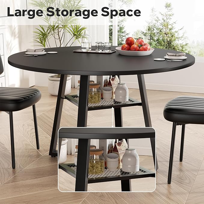 Round Dining Table for 2-4 People,42 Inch Dining Room Table,Modern Circle Kitchen Table with Storage Shelf and Metal Legs for Dining Room,Kitchen,Black (Table Only)