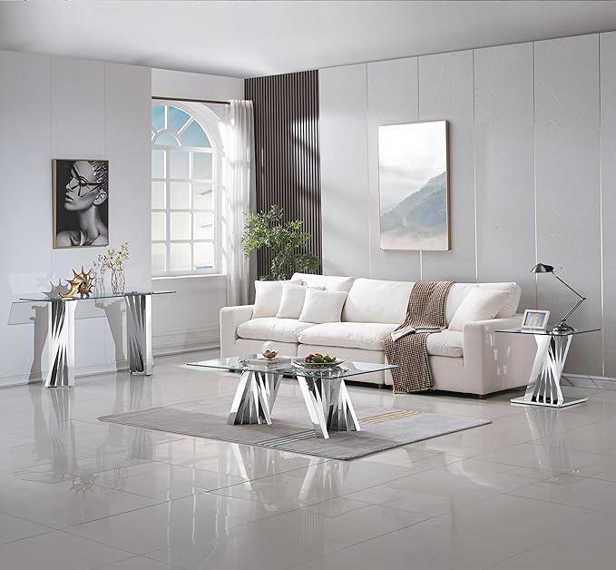 Goujxcy Modern Glass Coffee Table 51" Silver Center Table with Tempered Glass Top and Mirror Finish Stainless Steel Legs, Luxury Rectangular Coffee Table for Living Room Apartment (Silver)