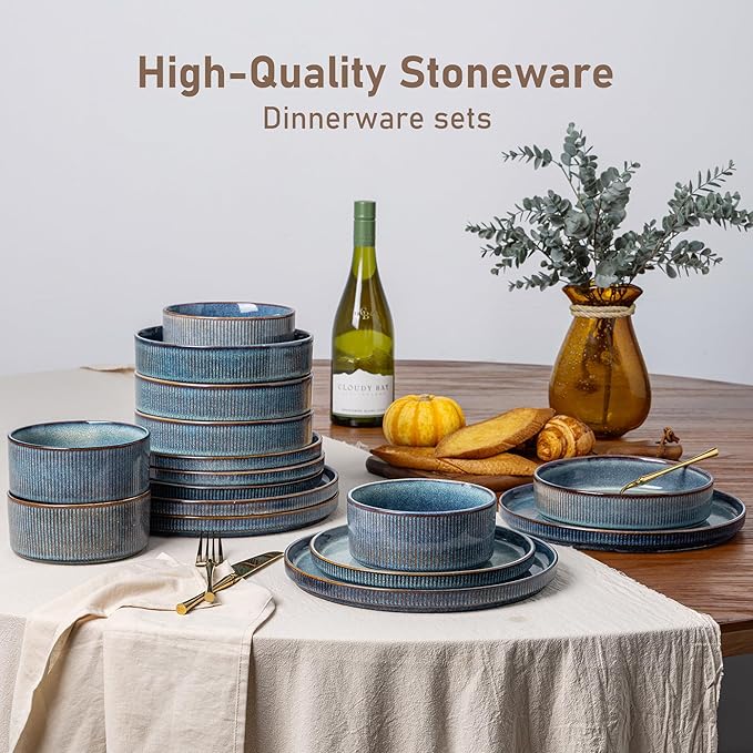 GBHOME Stoneware Dinnerware Sets for 8,Round Reactive Glaze Ceramic Plates and Bowls Set,Highly Scratch Resistant| Dishwasher & Microwave Safe Dishes Set,Service for 8(24Pcs),Ceylon Blue