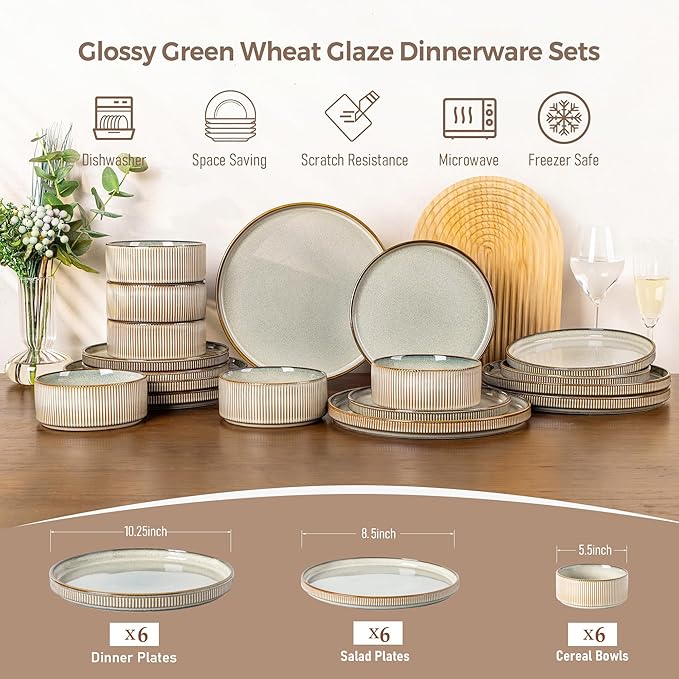 GBHOME Stoneware Dinnerware Sets for 6,Round Reactive Glaze Ceramic Plates and Bowls Set,Highly Chip and Crack Resistant | Dishwasher & Microwave Safe Dishes Set,Service for 6(18Pcs)