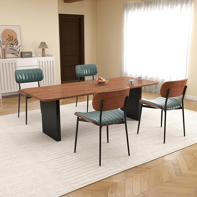 Mid Century Modern Dining Chairs Set of 6,Upholstered Faux Leather Kitchen Chairs with Walnut Bentwood Back and Metal Legs for Kitchen Dining Room Living Room, Green