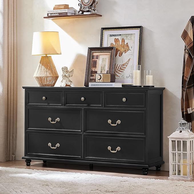 24" Wide Farmhouse Nightstand Set of 2, 37" Tall Rustic Chests of Drawers w/ 4 Solid Wood Feet, Farmhouse Furniture Series for Living Room,Bedroom,Black