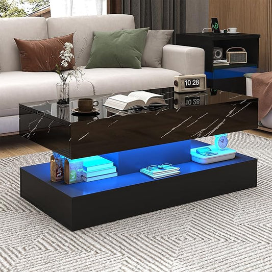 39.4" Large High-Glossy LED Coffee Table with 2 Sliding Drawers, Living Room Storage Coffee Tables with Marbling Print, Modern Stylish Double-Layer Center Tables w/LED Lights, Black