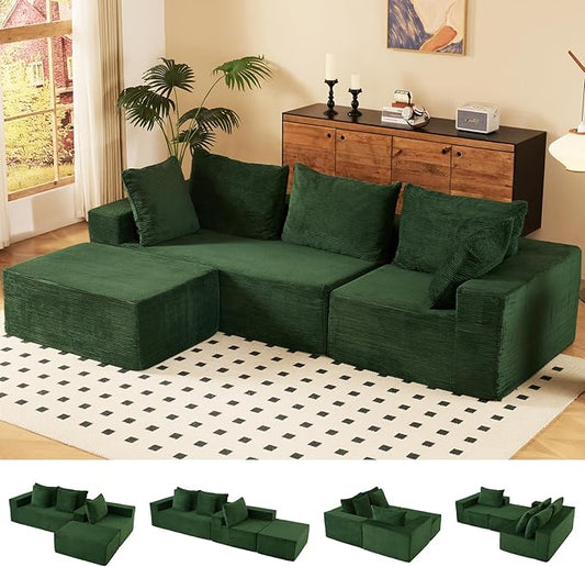 INGEROOM 108" Cloud Sectional Couch with L-Shape Chaise, Modular Sofa Memory Foam, Boneless Sofa with Movable Ottoman, Plush Corduroy Memory Foam Couch for Living Room, No Assembly, Forest Green