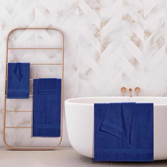BOUTIQUO 6 Pack Cotton Towel Set, Contains 2 Bath Towels 27x54 inch, 2 Hand Towels 16x24 inch & 2 Wash Coths 12x12 inch, Ideal Everyday use, Ultra Soft Compact & Lightweight - Navy Blue