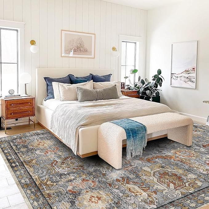 RUGSURE Washable Area Rugs - Perfect for Living Room, Bedroom, Kids Room, Nursery - Stain & Water Resistant Non-Slip, Pet & Child Friendly, Vintage Tribal Area Rugs (Turmeric and Grey, 8' x 10')