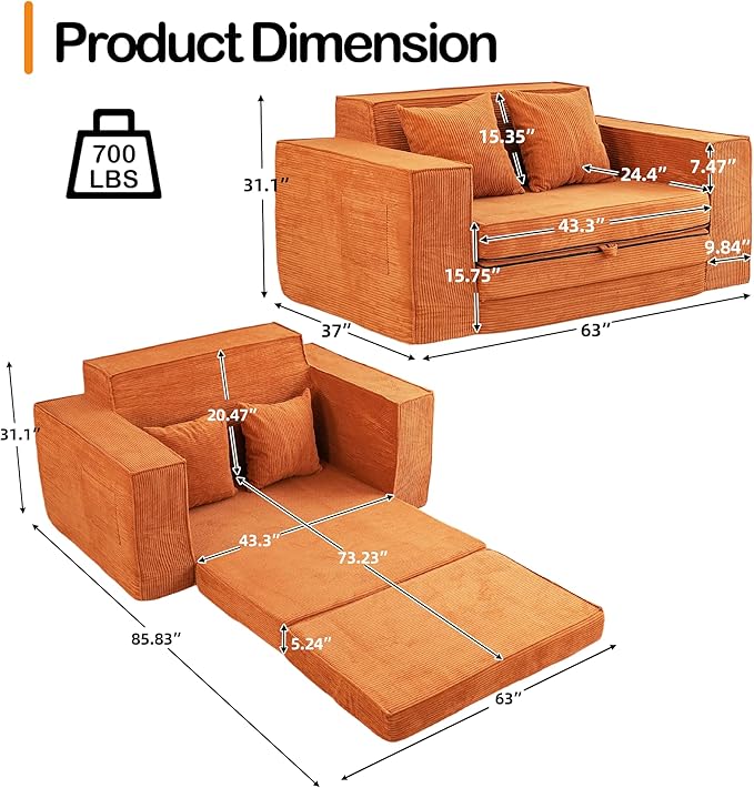 HOMREST 63" Convertible Memory Foam 3-seat Sofa, Pull Out Sleeper Sofa Bed, 2 in 1 Folding Couch Bed, Fold Out Floor Couch Corduroy Fabric with 2 Pillows for Living Room Bedroom Lounge (Brown)