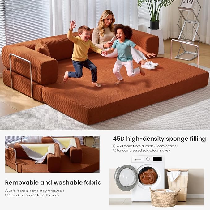 Folding Sofa Bed Convertable Corduroy Couch King Size Floor Sleeper 4-in-1 DIY Combination Modular Sofa Fold Out Futon Lounge Comfy Foldable Lazy cama for Living Room (Orange, 70.86")