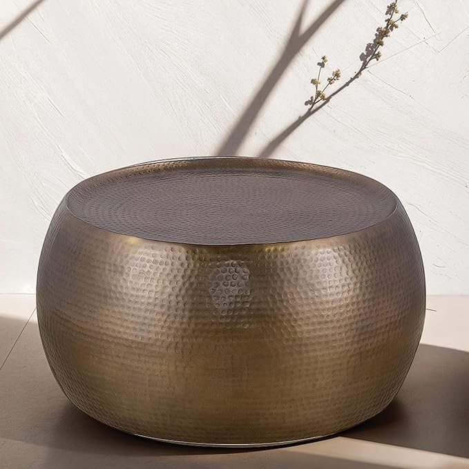 Modern Contemporary Round Aluminum Material 32" Coffee Table and 21" Height Table 2PC Table Set with Hand Hammered Design Antique Gold