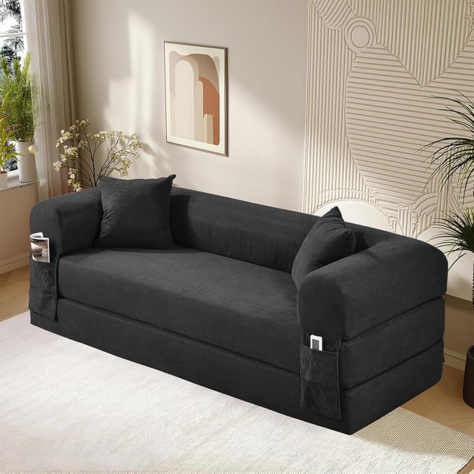 Convertible Folding Sofa Bed,80" Pull Out Couch with Pillows & Storage Pocket,Modular Futon Bed Corduroy Queen Sleeper Sofa in a Box,Compression Boneless Couch for Living Room,Deep Gray