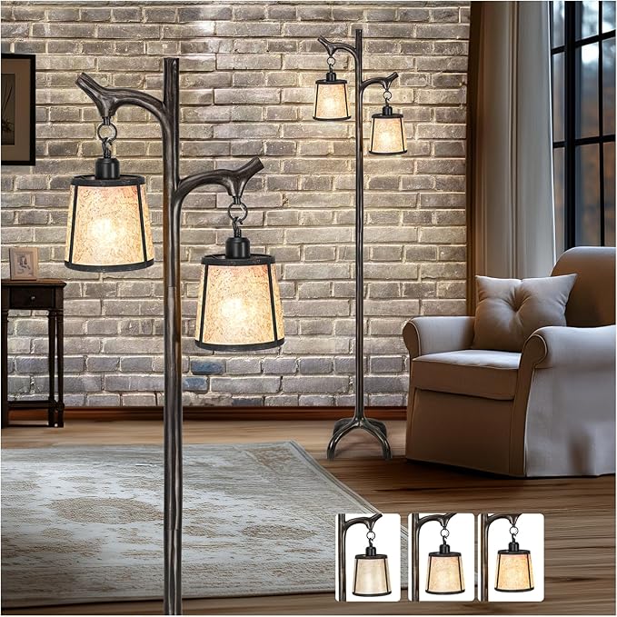 68" Farmhouse Floor Lamp With Mica Shade For Living Room,Modern Industrial Vintage Standing Floor Lamp for Bedroom ,Stepless Dimmable Rustic Tree Trunk Tall Lamp For Office,Living Room (Bulb Included)