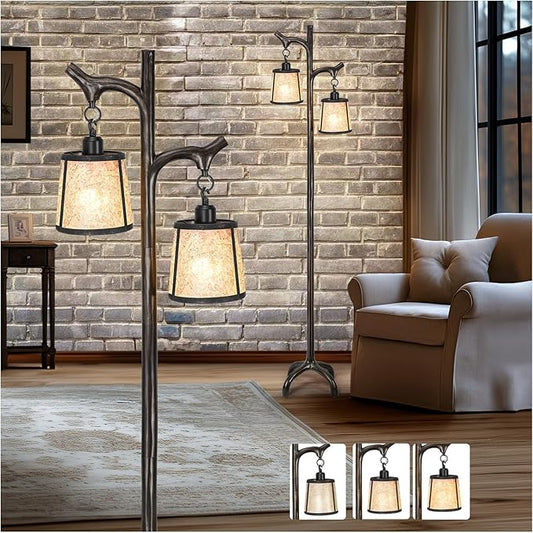 68" Farmhouse Floor Lamp With Mica Shade For Living Room,Modern Industrial Vintage Standing Floor Lamp for Bedroom ,Stepless Dimmable Rustic Tree Trunk Tall Lamp For Office,Living Room (Bulb Included)