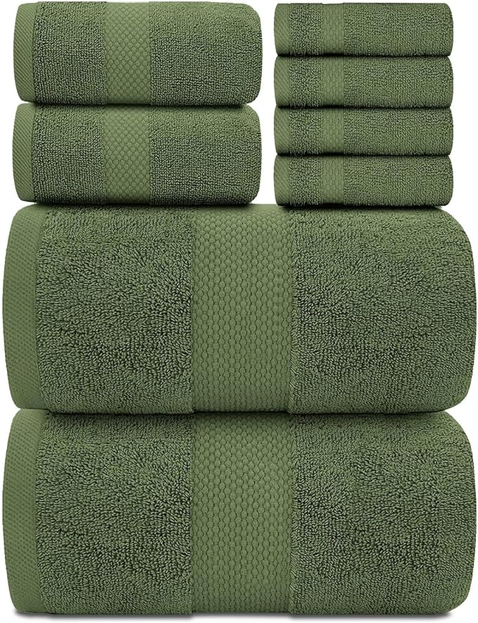 White Classic Luxury Bath Towel Set of 8 Pieces - 100% Turkish Cotton Highly Absorbent Towels for Bathroom, 2 Luxury Bath Towels 700GSM, 2 Hand Towels, 4 Washcloths, Sage Green