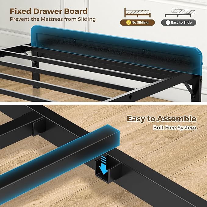 Bed Frame Full Size with Charging Station and LED Lights, Upholstered Storage Headboard with 4 Drawers, Heavy Duty Metal Slats, Noise Free, Easy Assembly, No Box Spring Needed