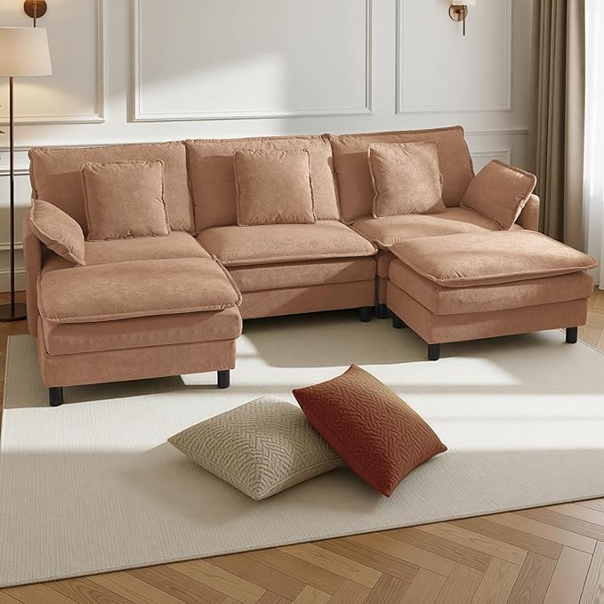 Claiks 110" Modular Sectional Sofa, Cloud Couch with Ottoman, U-Shaped 5-Seater Sofa in Chenille Fabric, Deep Seat Comfy Couch with Pillows for Living Room & Offices, Khaki