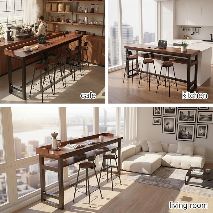 Solid Wood Rectangular Bar Table - Metal Frame Long Sofa Table for Kitchen, Dining Room, Coffee Shop & Home Bar No Chairs Dark Walnut(Single-Layer+Guard) 39.5×11.9×41"