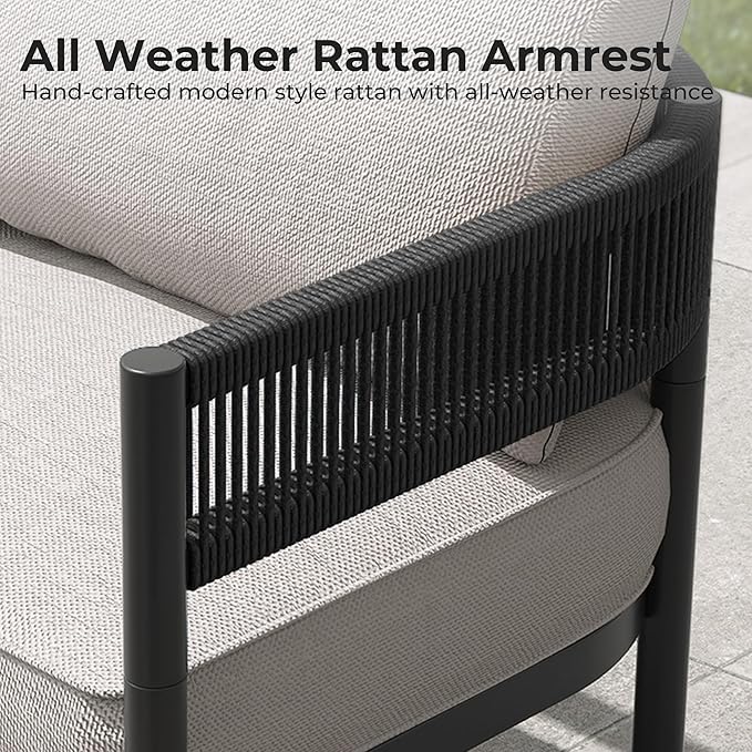 Gand Patio Outdoor 3-Seat Couch Sofa, Wicker Conversation Set with Thick Cushion for Porch, Garden, Yard, Beige