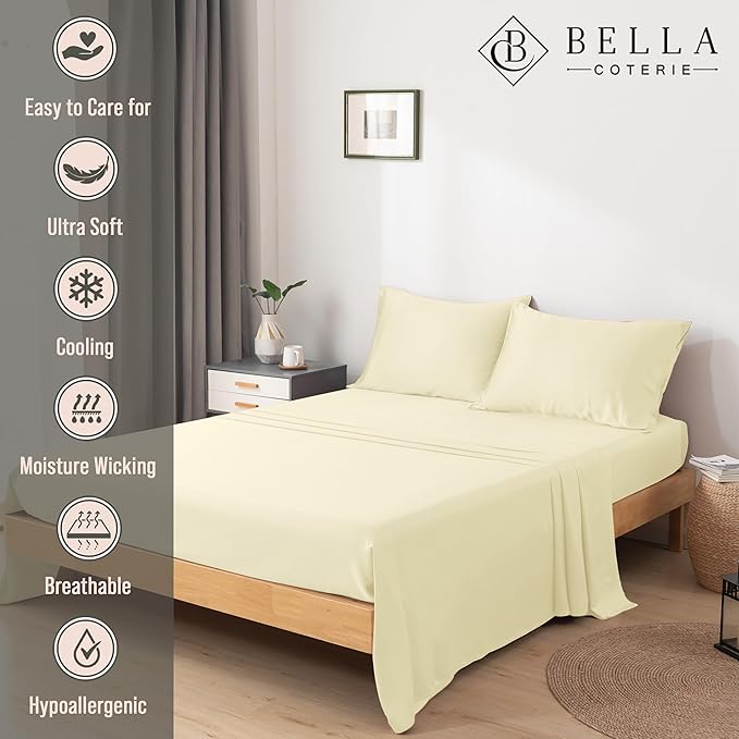 Bella Coterie Luxury Bamboo Viscose Split King Size Sheet Set | 2 Fitted Sheets for Sleep Number & Adjustable Beds | 100% Organically Grown | Cooling & Ultra Soft | 18” Deep Pocket [Lemonade]