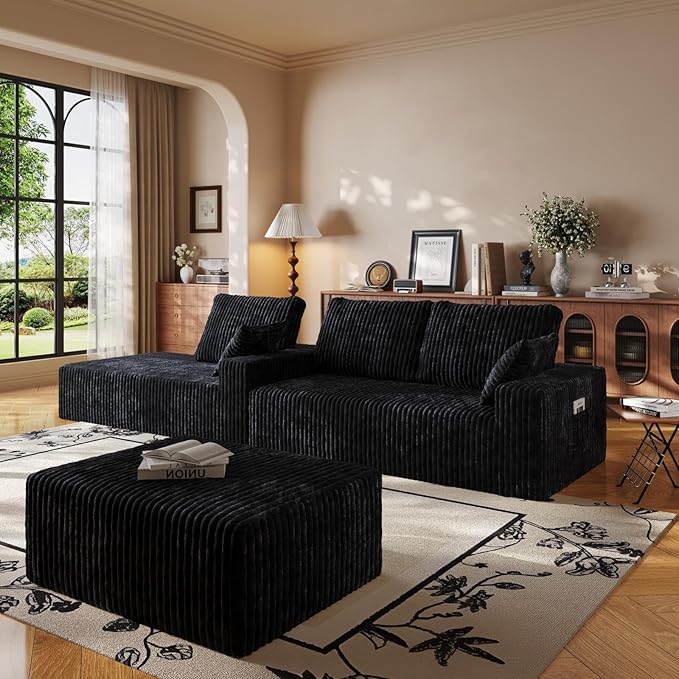 Cloud Sectional Couch with L-Shape Chaise,4 Seat Modern Modular Sofa with Deep Seat (Black, Ottoman)