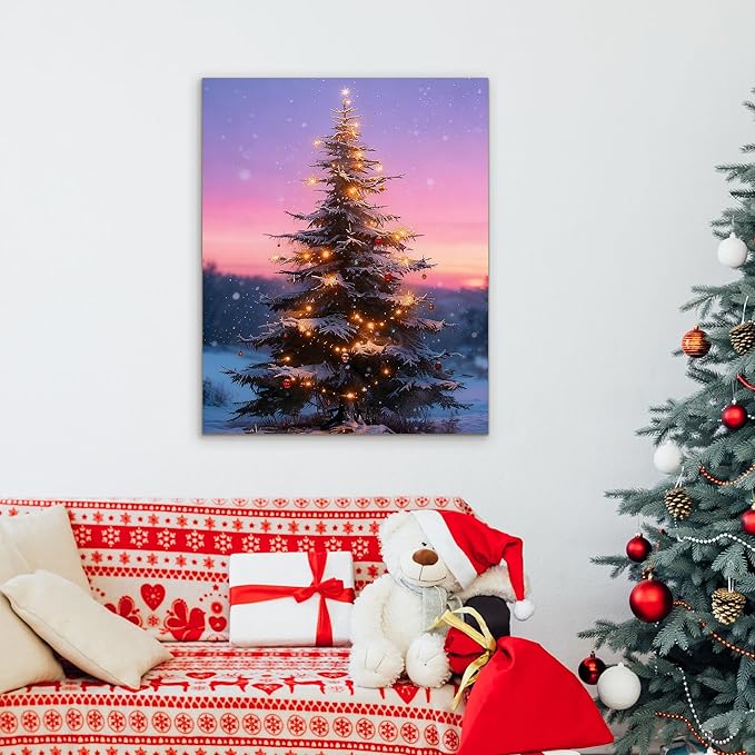 Framed Christmas Pictures Wall Decor,Vintage Pine Tree Prints,Winter Christmas Canvas Wall Art Decoration for Bedroom Bathroom Living Room Rustic Xmas Holiday Gifts (Christmas Tree 12, 12'' X 16'')