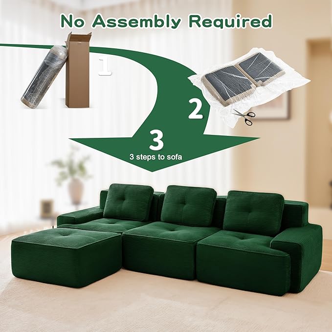 115.3'' Sectional Sofa, 32D Foam Corduroy Boneless Couch with Pillow, Deep Seat Wide Arm Sectional L Shaped Couch for Living Room, Apartment, Bedroom